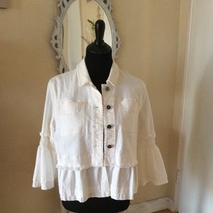 White denim jacket with sleeve and hem detail